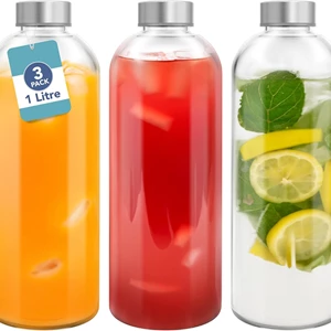 Premify Clear Glass Water Bottles 32oz - 3 Pack