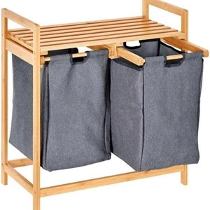 Bamboo Laundry Hamper with Dual Compartments & Storage Shelf