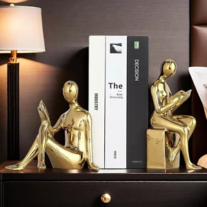 Home Decorative Reading Book Statue Ceramic Bookends, Gold
